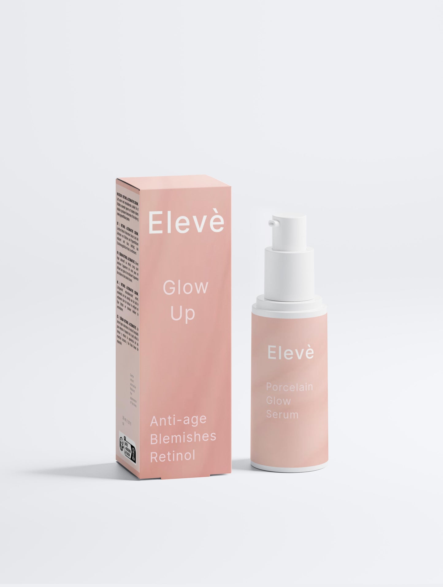 Elevè Glow Serum Flasche vorne mit Rosa Ettiket neben passender Verpackung, minimalistisch und elegant.