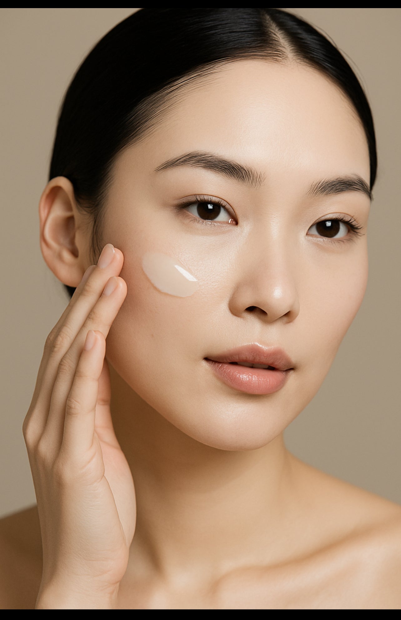 Asiatische Frau tupft sich das Serum auf das Gesicht. Sie sieht frisch und jugendlich aus und strahlt Reinheit aus.