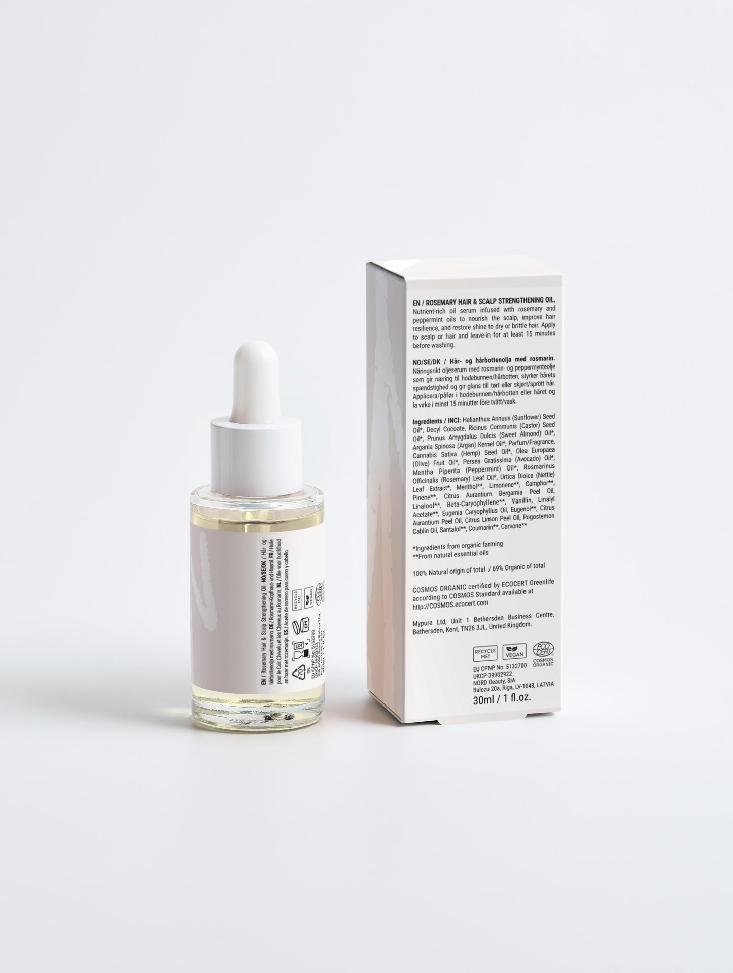 Rückseite des Elevè Porcelain Hair Elixir Flasche mit Inhaltsstoffen und Anwendungshinweise.
