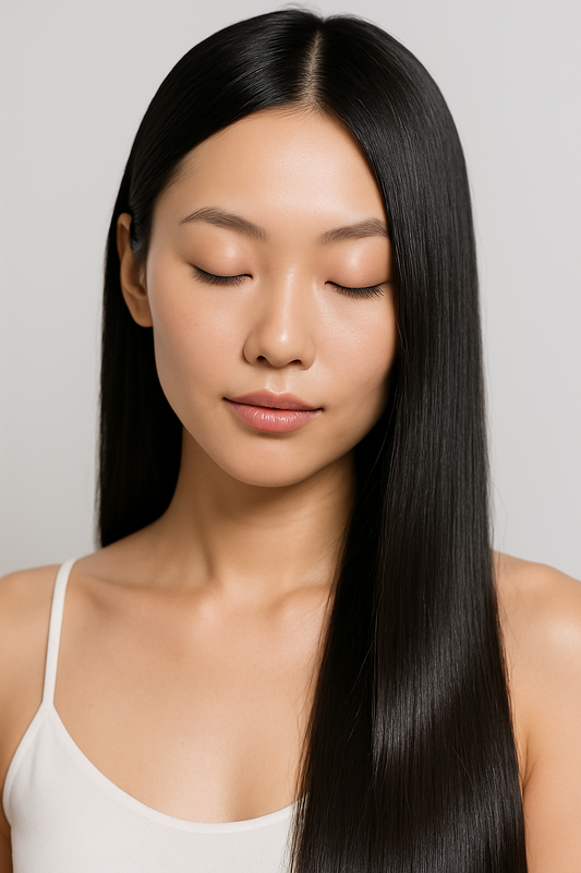 Asiatische Beauty mit strahlender Porzellanhaut und ebenmäßiger wundervoller glatter Haut. Frei von Unreinheiten. Kleine Linien und Falten sind geglättet.