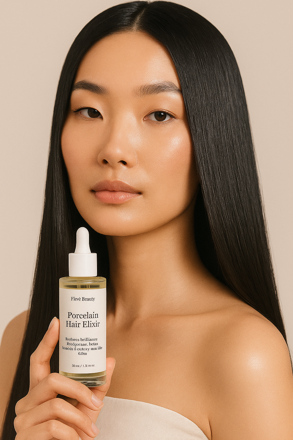 Asiatische Frau mit glänzendem seidigen glatten Haar hält Elevè Porcelain Hair Elixir in der Hand.
