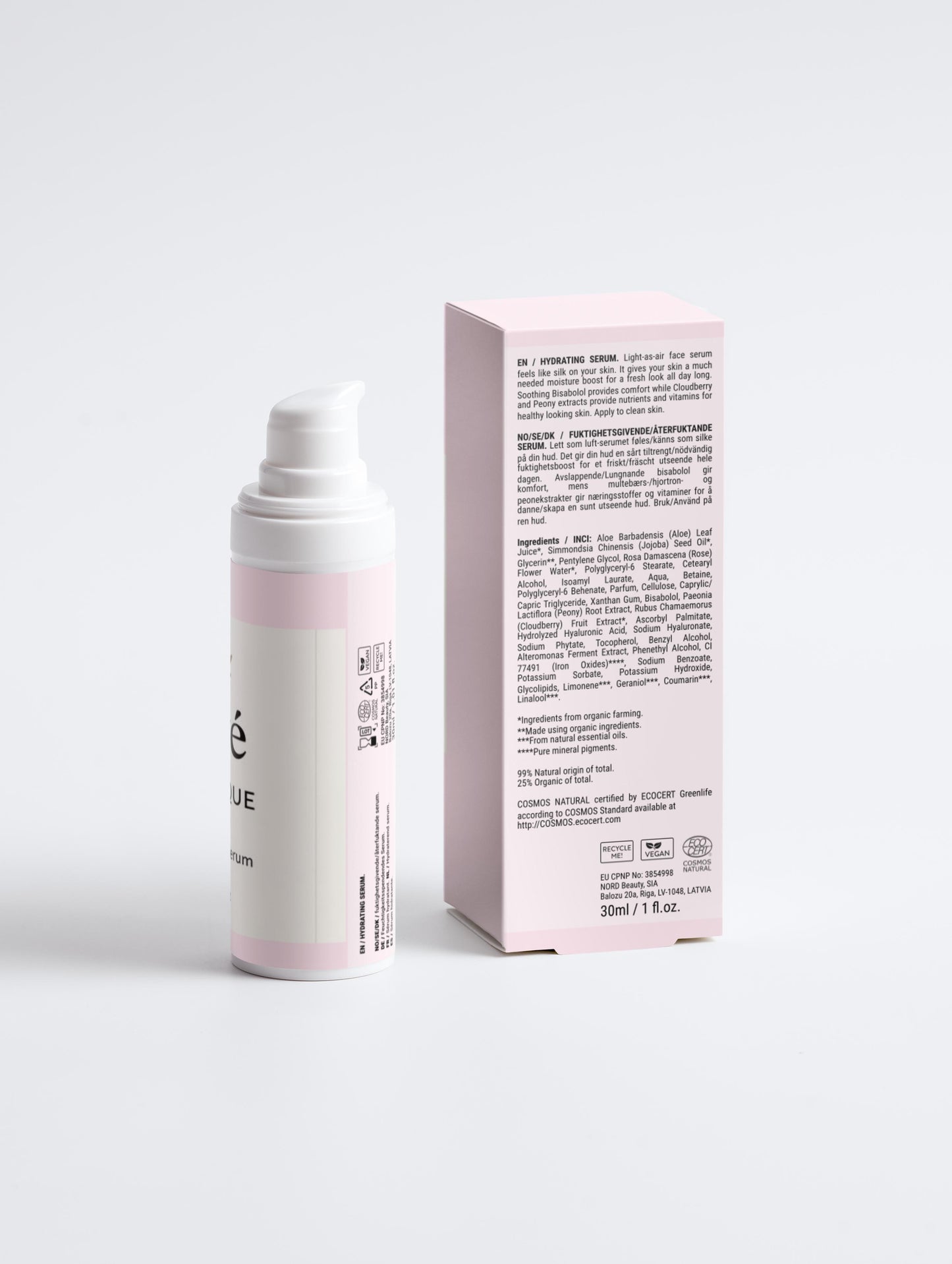 Rückseite des Elevè Hydratique Serums. Daneben steht die Verpackung mit Inhaltstoffen und Anwendung des Serums.