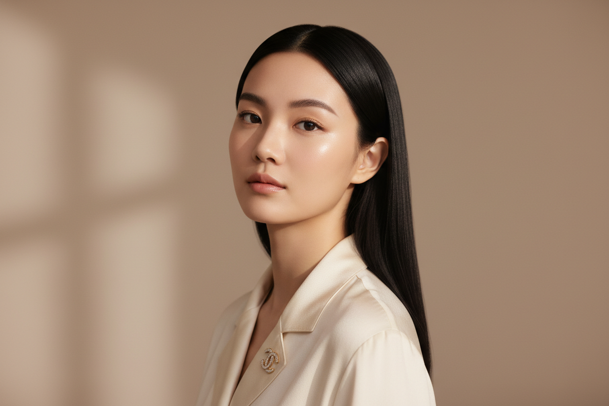 asiatische Frau mit porzellanhaut rein natürlich jugendlich im chanel stile lange schwarze haare wie aus der Chanel werbung modern und jugendlich