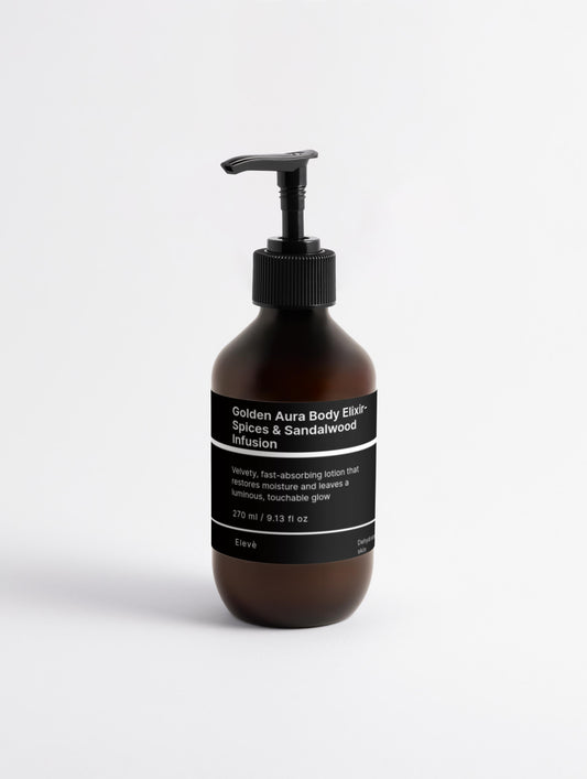 Vorderseite der Elevè Aura Body Lotion. 
Elegante, transparente Pumpflasche in warmen Braunton auf weißem Hintergrund. 