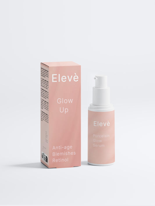 Elevè Glow Serum Flasche vorne mit Rosa Ettiket neben passender Verpackung, minimalistisch und elegant. 