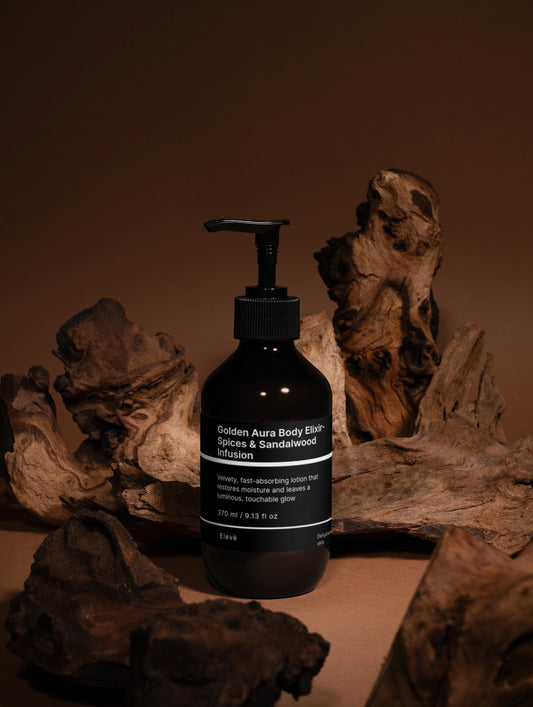 Luxuriöse Elevè Body Lotion - Frontansicht der Pump Flasche mit edlem Sandelholz-Akzent.