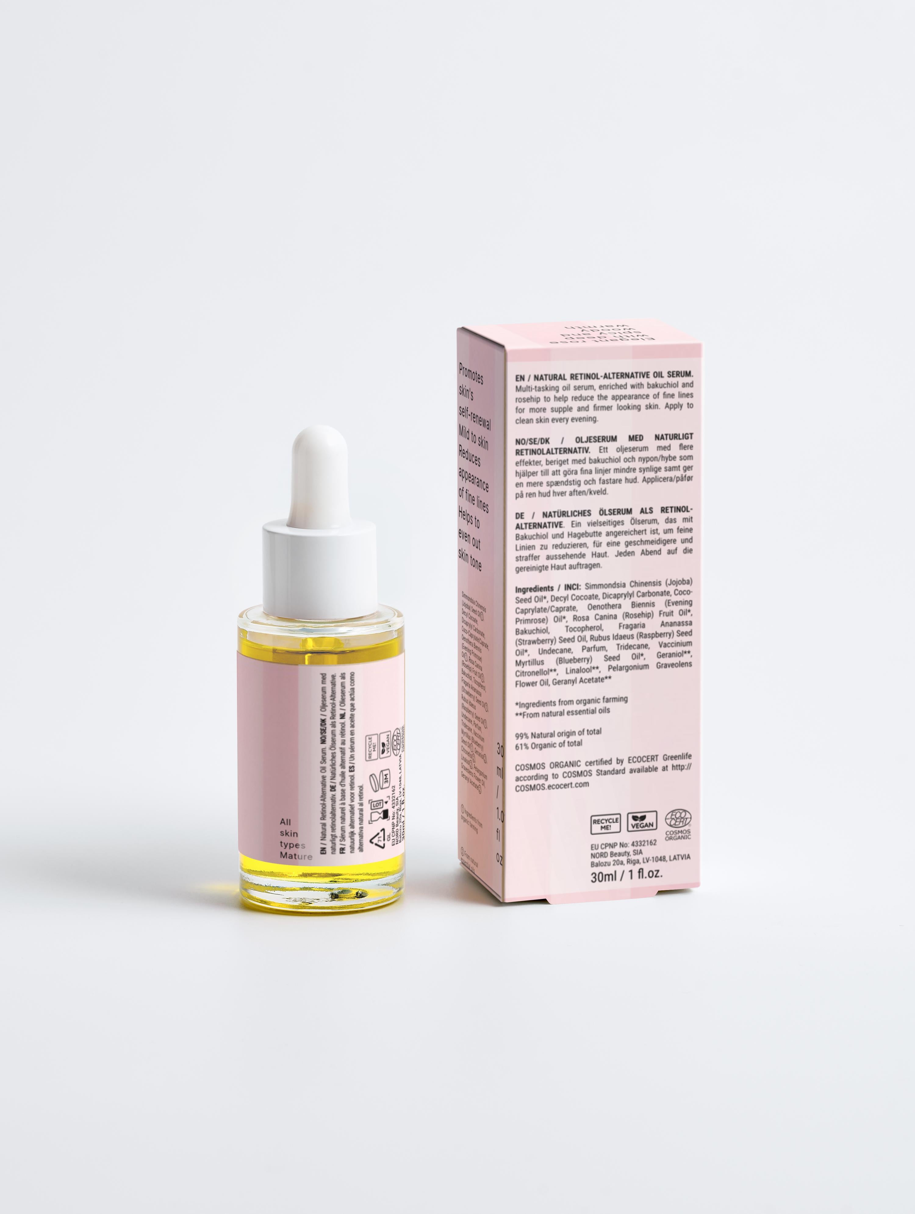 Elevè Runway Glow Retinol Alternative Oil Serum-Rückseite des Flakons und der Verpackung vor weißem Hintergrund. Hochwertiges Anti-Aging-Ölserum mit Bakuchiol und nährenden Bio-Ölen für glattere, strahlendere und revitalisierte Haut. 