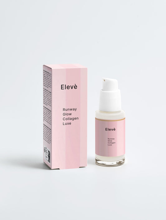 Elevè Runway Glow Collagen Serum in weiß-transparantem Luxusflakon mit passender edler Verpackung- feuchtigkeitsspendendes Anti-Aging-Serum für glatte, pralle und strahlende Haut. 