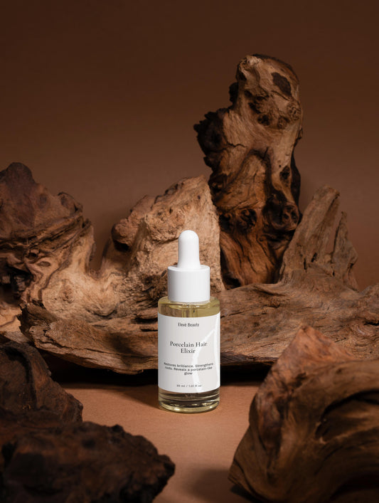Elevè Porcelain Hair Elixir - edle Haarö - Flasche mit Vorderseite, für Glanz und gepflegte Längen. Haare so schön und glatt wie seide. 