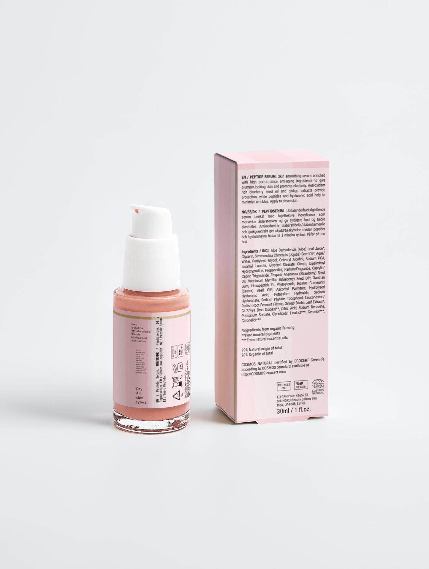Rückseite des Elvè Peptide Serum Flakons und der passenden Verpackung vor weißem Hintergrund-transparente Flasche mit Produktinformationen, luxuriöses Anti-Aging-Serum mit Peptiden,Hyaluronsäure und Ginkgo-Extrakt für glattere, straffere Haut. 