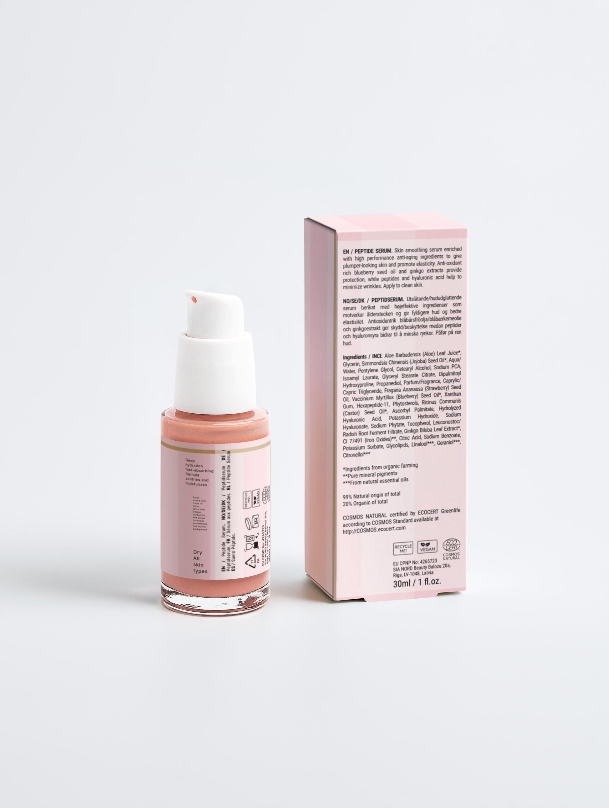 Rückseite des Elvè Peptide Serum Flakons und der passenden Verpackung vor weißem Hintergrund-transparente Flasche mit Produktinformationen, luxuriöses Anti-Aging-Serum mit Peptiden,Hyaluronsäure und Ginkgo-Extrakt für glattere, straffere Haut. 