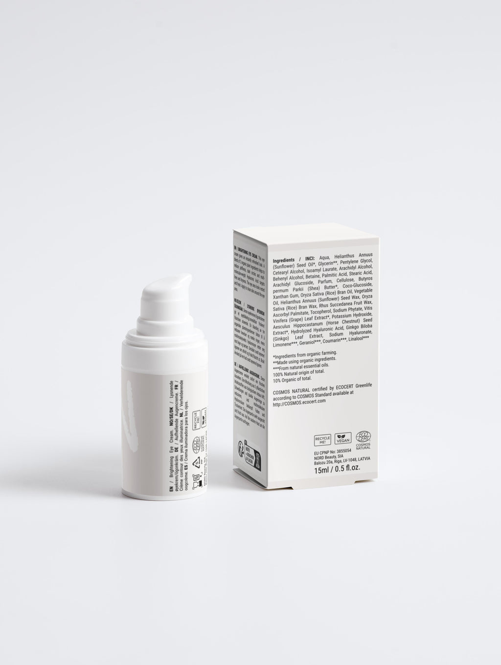 Rückseite mit Flasche und Verpackung. Auf der Verpackungsrückseite sieht man die Inhaltsstoffe und die Anwendung.