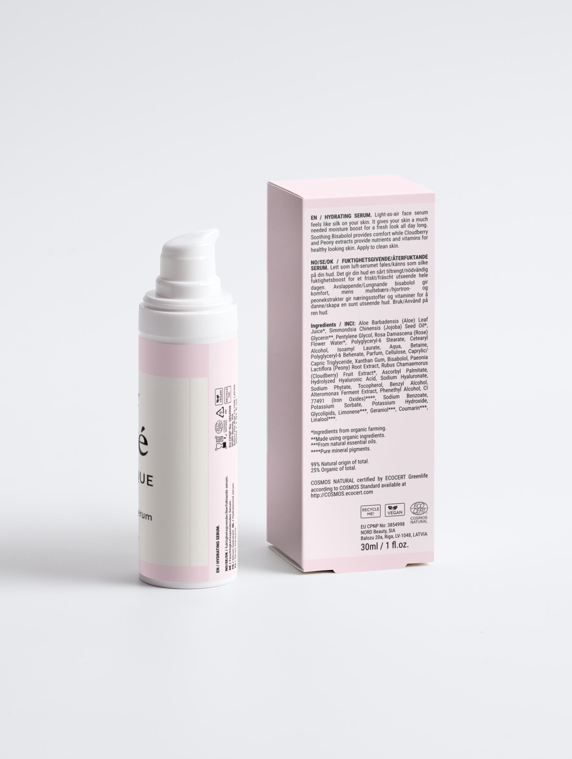Rückseite des Elevè Hydratique Serums. Daneben steht die Verpackung mit Inhaltstoffen und Anwendung des Serums. 