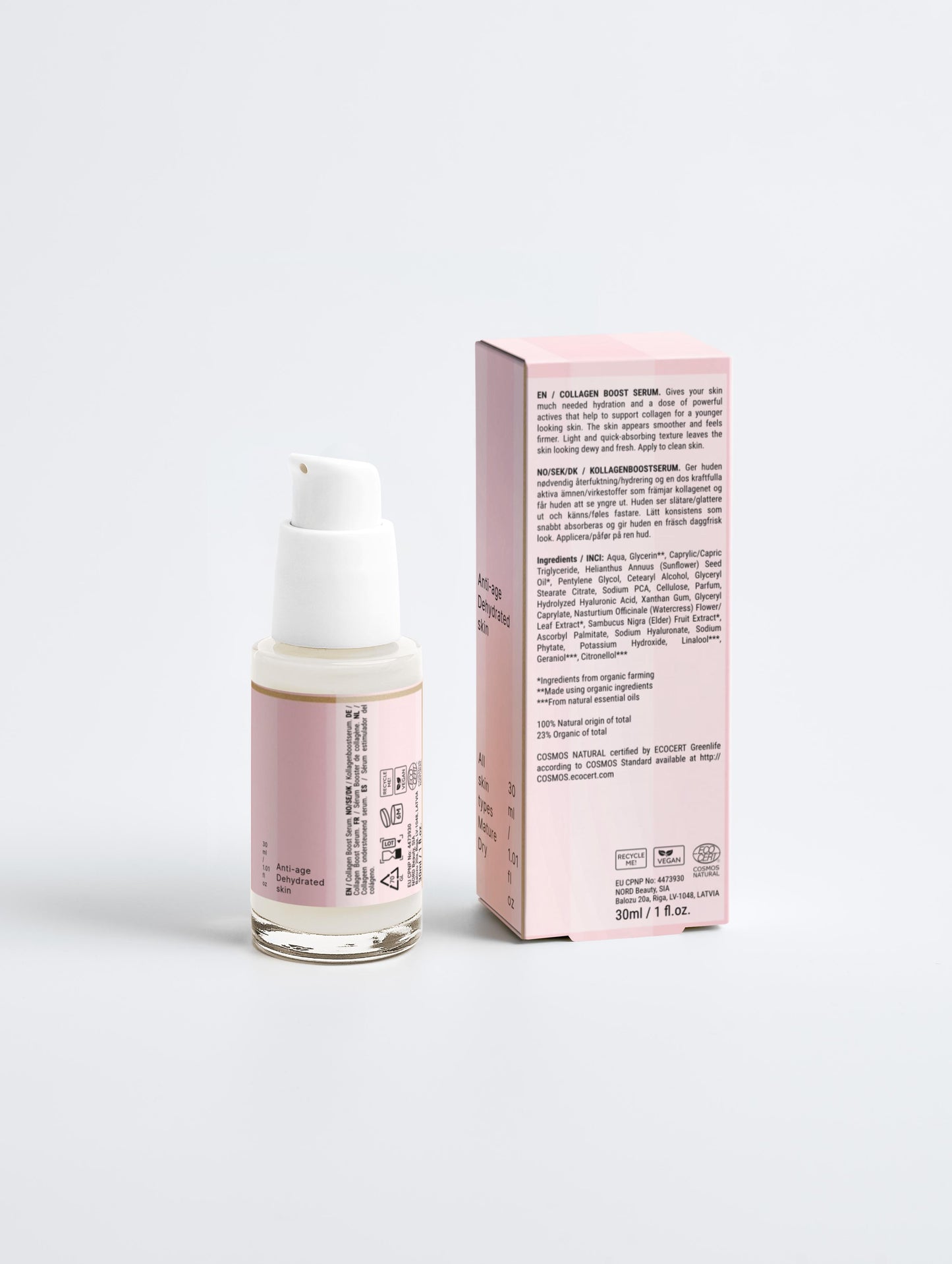 Rückseite des Elevè Runway Glow Collagen Serum Flakons und der passenden weißen Luxusverpackung-Transparente Flasche mit feuchtigkeitsspendendes Anti-Aging-Serum.