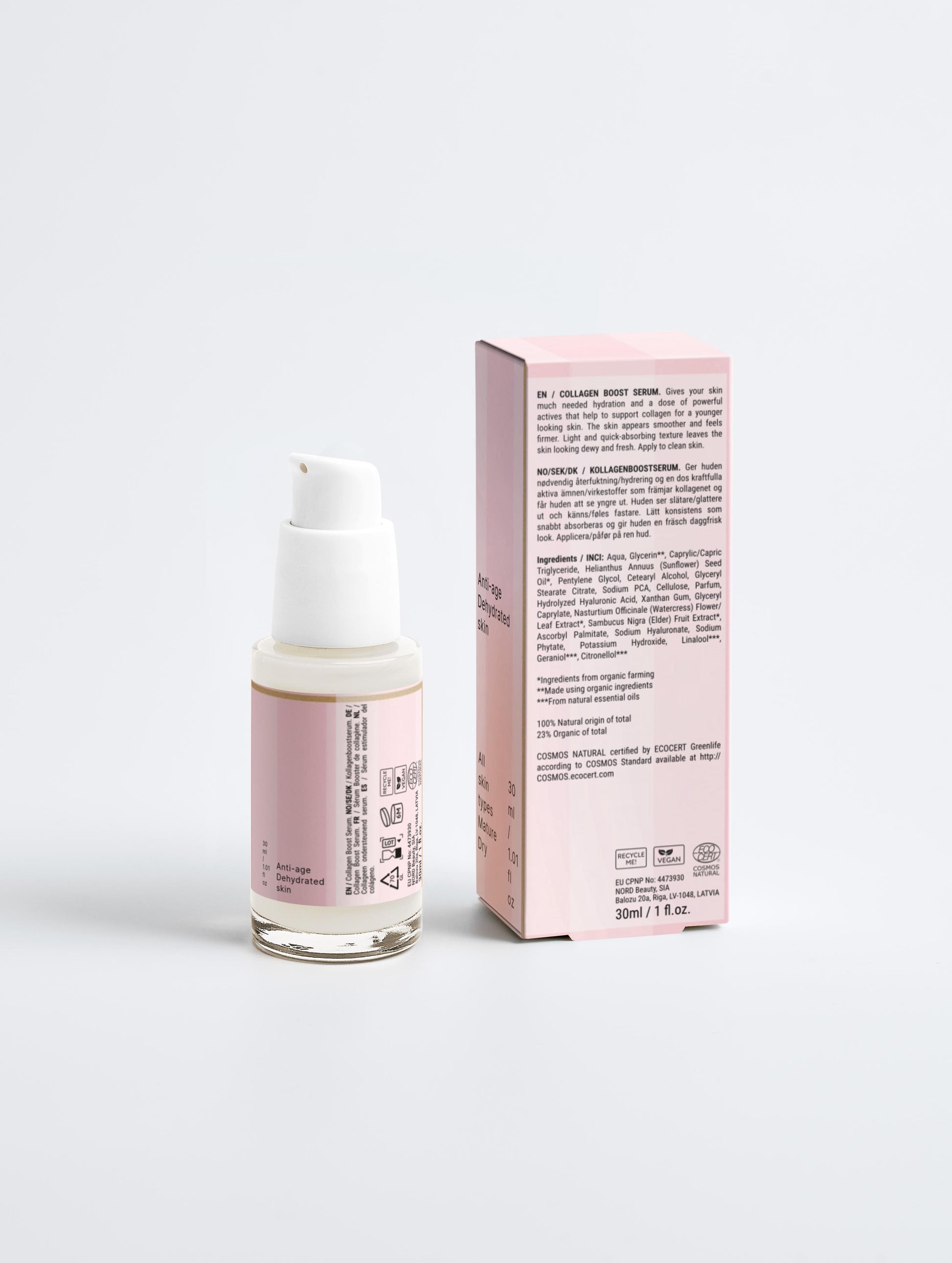 Rückseite des Elevè Runway Glow Collagen Serum Flakons und der passenden weißen Luxusverpackung-Transparente Flasche mit feuchtigkeitsspendendes Anti-Aging-Serum.
