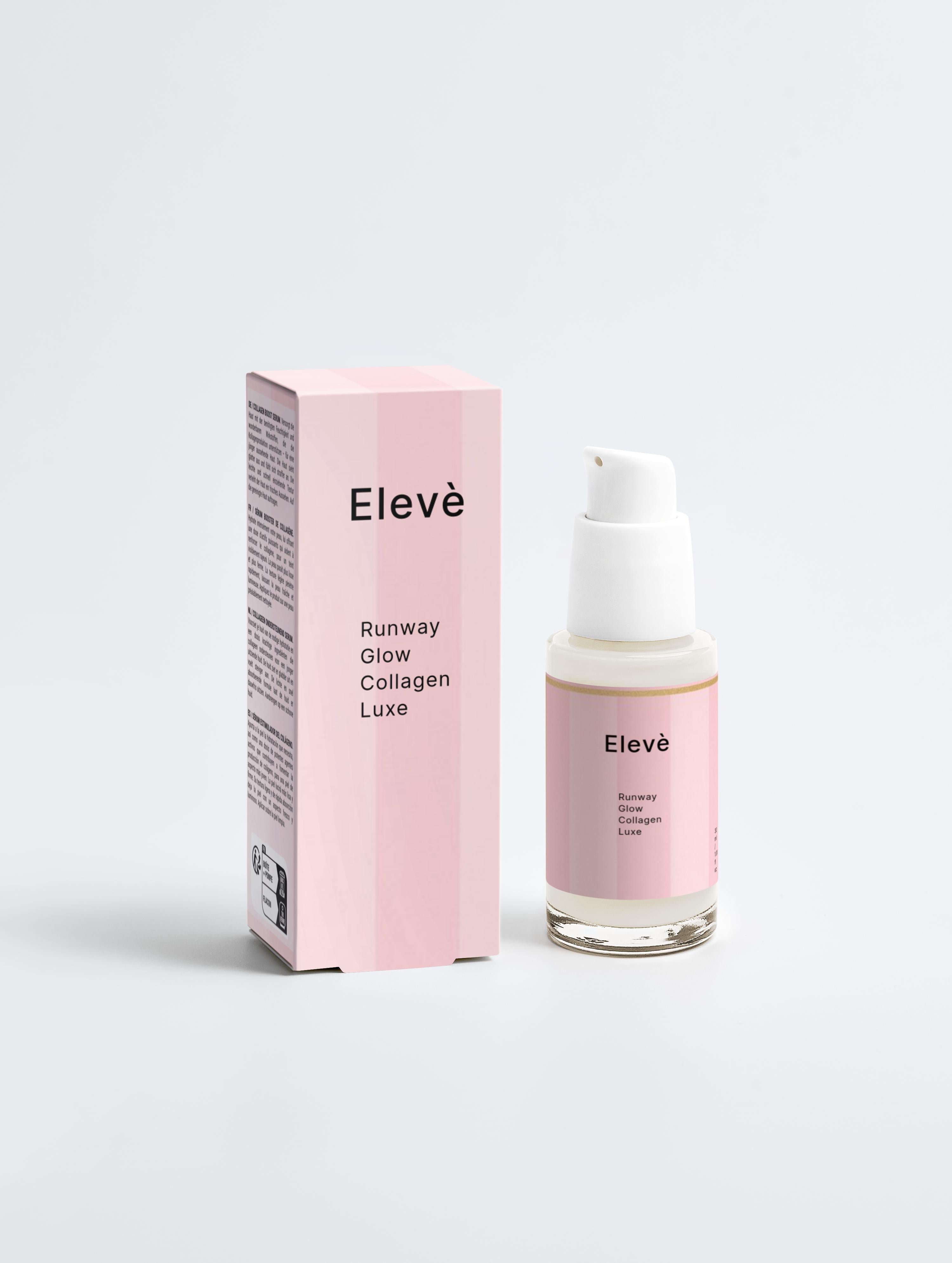 Runway Glow Collagen Luxe Serum, Frontansicht, weißer Hintergrund, Anti Aging Gesichtsserum mit passender Verpackung