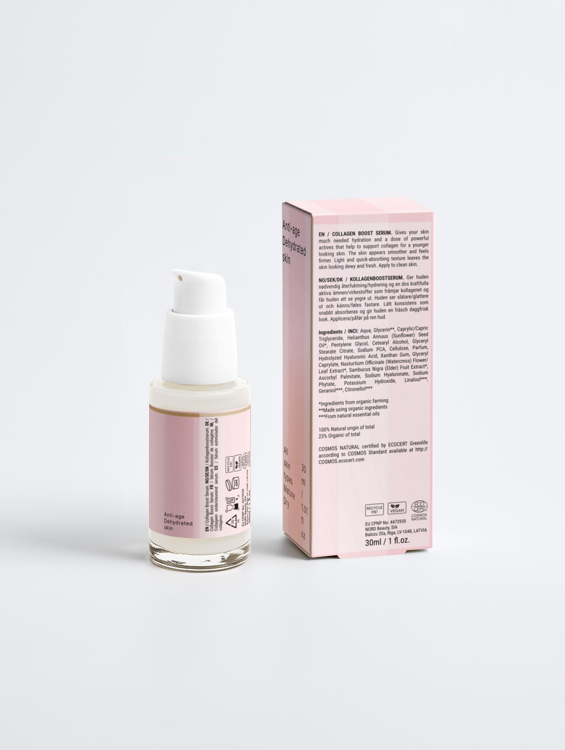 Runway Glow Collagen Luxe Serum, Rückansicht, weißer Hintergrund, Anti Aging Gesichtsserum neben passender Verpackung 