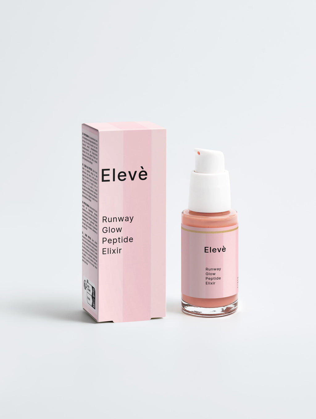Runway Glow Peptide Elixir, Frontansicht, luxuriöses Peptid-Serum für straffere Haut,weißer Hintergrund, nebenstehende passende Verpackung