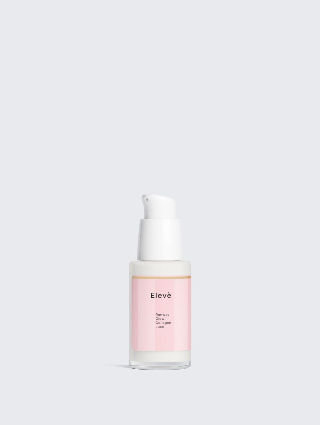 Elevè Runway Glow Collagen Serum Flakon vor weißem Hintergrund-luxuriöses, transparentes Anti-Aging-Serum für glatte, pralle und strahlende Haut. 