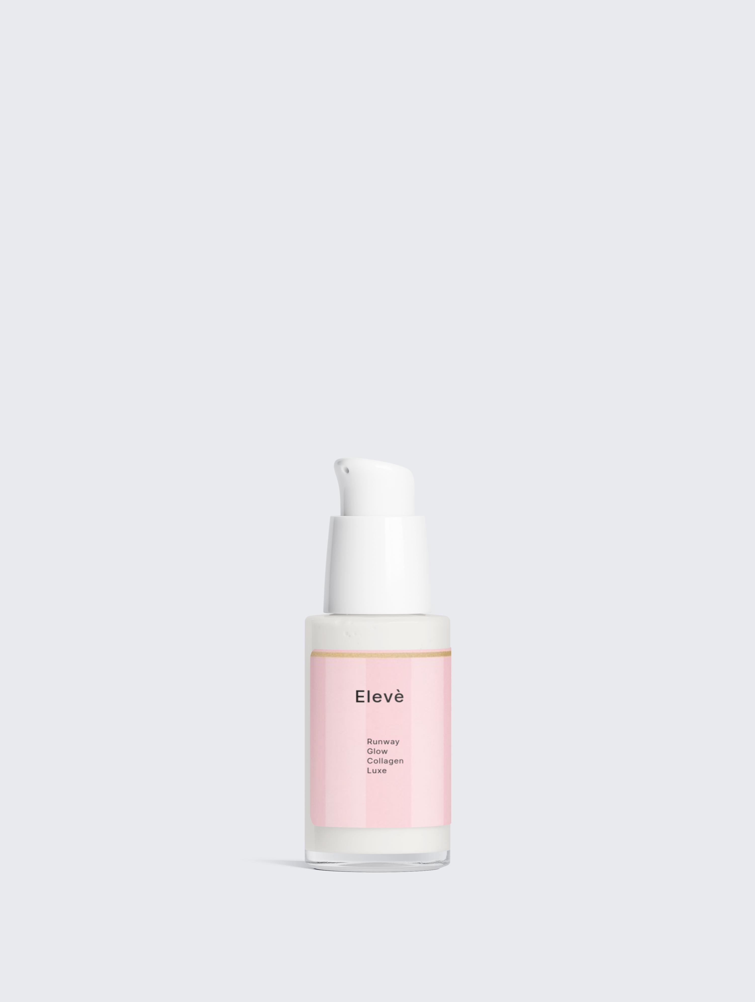 Elevè Runway Glow Collagen Serum Flakon vor weißem Hintergrund-luxuriöses, transparentes Anti-Aging-Serum für glatte, pralle und strahlende Haut. 