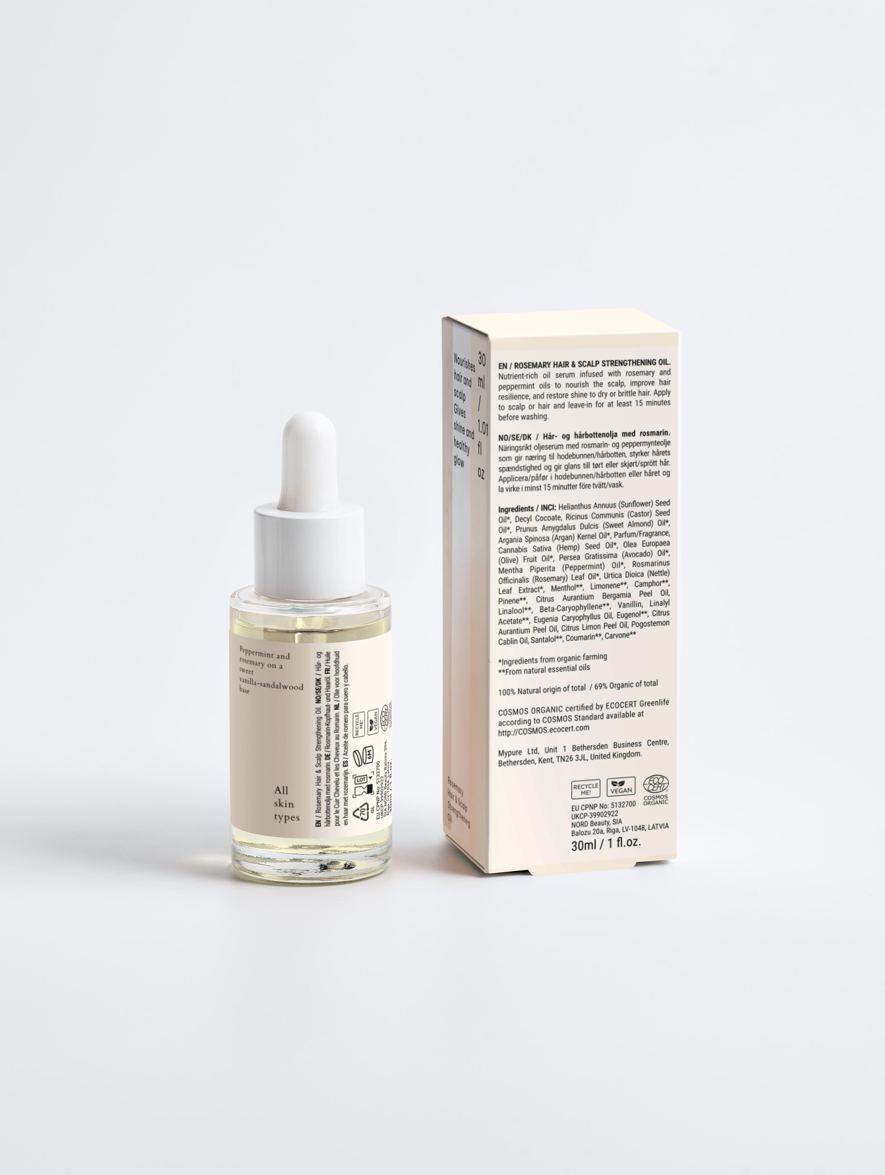 Rückseite des Elevè Haaröls mit Inhaltsstoffen und Produktinformationen  auf dem dem Etikett